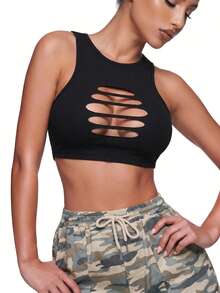 SHEIN ICON Y2k Grunge Black  Cut Out Front Ribbed Knit Crop Tank Top - Black - View 7