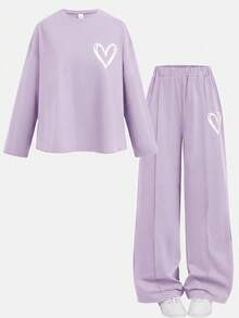 SHEIN Girlism 青少年女孩愛心圖案印花圓領長袖T恤與百褶長褲套裝 - 紫色 - 查看 8