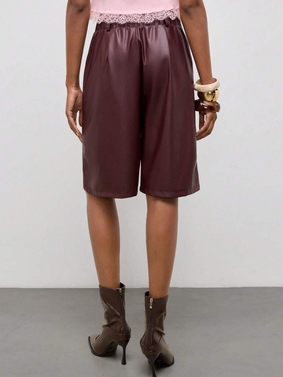 SHEIN Maija Burgundy Women's Mid-Waist Wide Leg Asymmetric Placket Casual Shorts