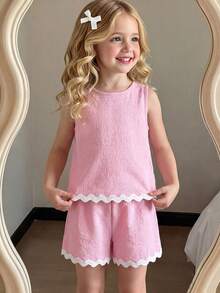 Elladie kids Bộ áo thun không tay và quần short dáng rộng cho bé gái, chất liệu vải có họa tiết, phối màu tương phản. - Hồng - Xem 3