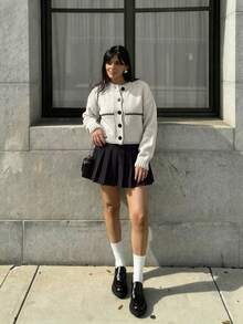 Women Stitch Detailed Front Button Stripe Pattern Cardigan - Apricot - View 6