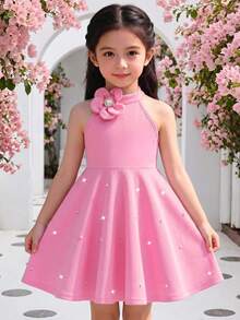 Elladie kids 少女新款玫瑰紅掛脖3D花朵珍珠裝飾A字洋裝，1件甜美公主風，適合生日派對、聚會、夏季 - 粉色 - 查看 1