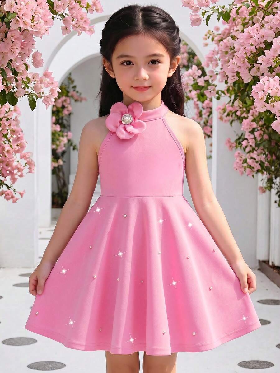 Elladie kids 少女新款玫瑰紅掛脖3D花朵珍珠裝飾A字洋裝,1件甜美公主風,適合生日派對、聚會、夏季 - 粉色 - 查看 1