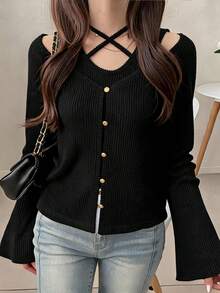 FRIFUL Women's Early Autumn New Korean Style Cross-Tie Neckline Open Shoulder Bell Sleeve 2 Pieces Set Lounge Sets For Women - Black - View 1