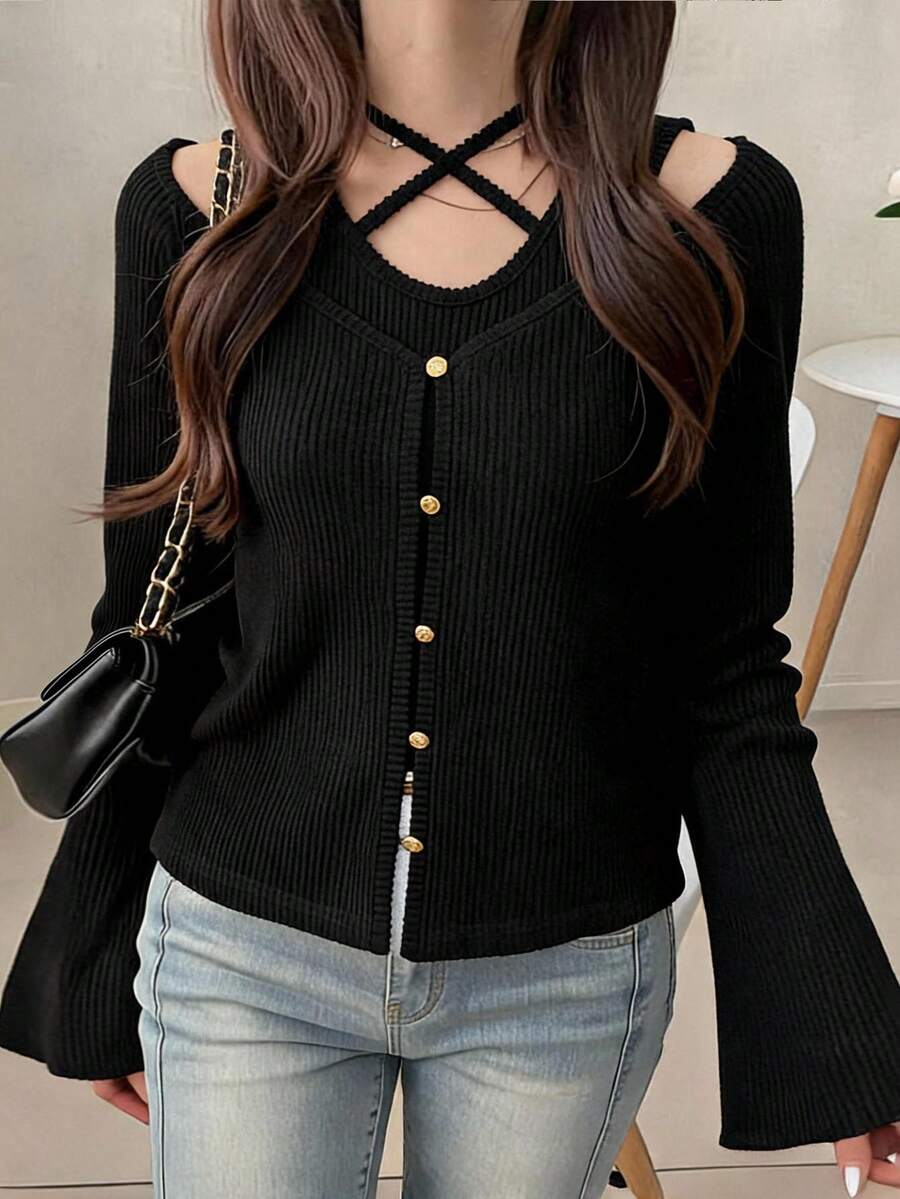 FRIFUL Women's Early Autumn New Korean Style Cross-Tie Neckline Open Shoulder Bell Sleeve 2 Pieces Set Lounge Sets For Women - Black - View 1