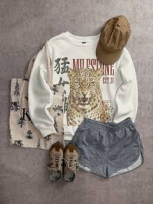 Attitoon Women's Crew Neck Letter & Animal Print Casual Daily Long Sleeve Sweatshirt - White - View 3