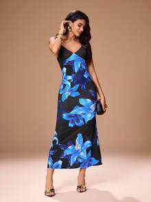 Glamance Black & Blue Floral Print Spaghetti Strap High Elasticity Bodycon Dress, Elegant Mature Style For Party, Wedding Guest, Bridesmaid, Vacation - Black - View 1
