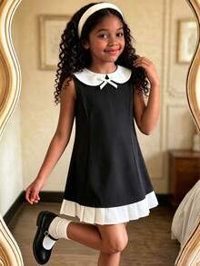 SHEIN Back To School Season Girls Black & White Classic Little Black Dress With Small Collar, Bowknot And Ruffle Hem - Black - View 4