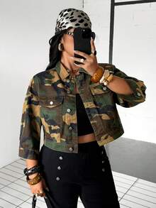 Jeanoix 節慶 Y2K 大尺碼女款迷彩無彈力修身短版長袖牛仔夾克 - 軍綠色 - 查看 5