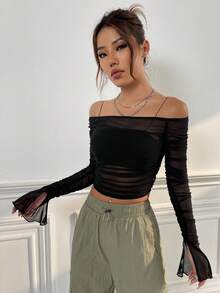 SHEIN ICON 春季黑色露肩荷叶边袖褶皱网眼上衣（不含吊带背心） - 黑色 - 查看 4