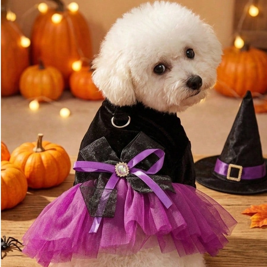 1pc Halloween Witch Style Pet Fluffy Gauze Dress, Black Velvet Bubble Sleeve Dog Dress With Traction D-Ring, Suitable For Halloween Parties, Cosplay, Holiday Photography