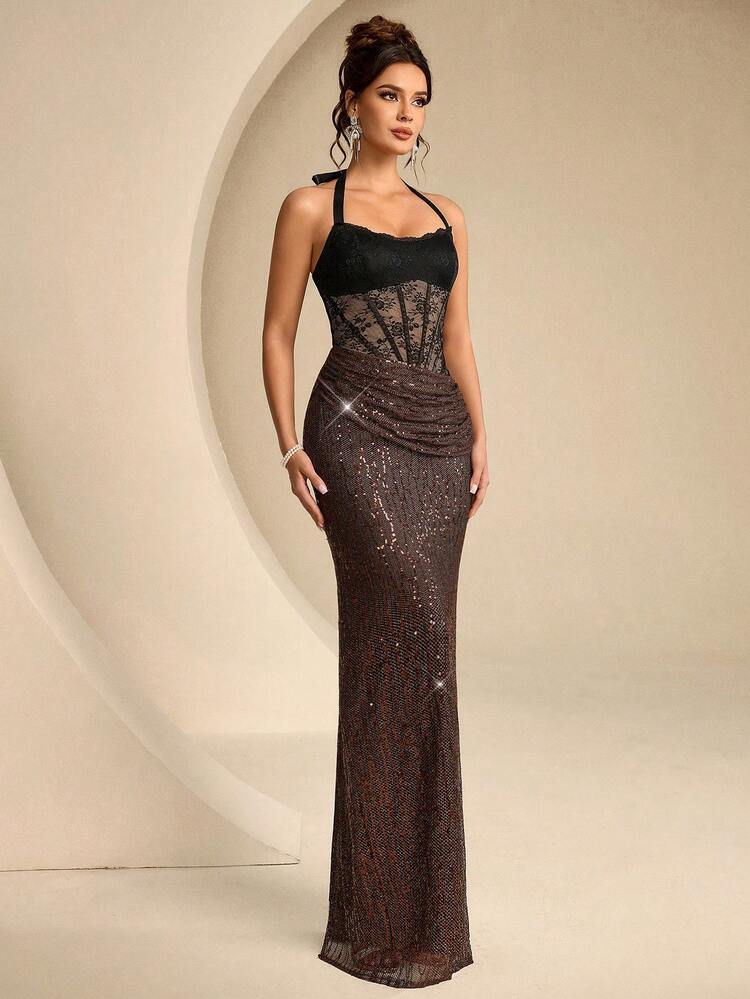 Coutiva Gaun Malam Formal Wanita Model Halter Neck dengan Hiasan Renda dan Manik-manik (Gaya Pengerjaan Berat) - Coklat - View 3