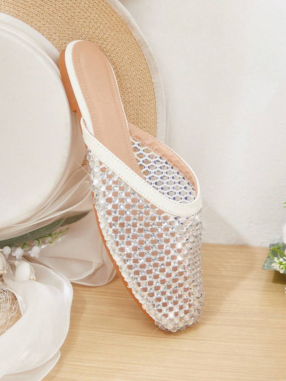 CUCCOO HITCHD Women's Square Toe Lace Splicing Rose Decoration Casual Outdoor Breathable Hollow Flats, Versatile Shoes, Ballet Flats, Mary Jane Shoes