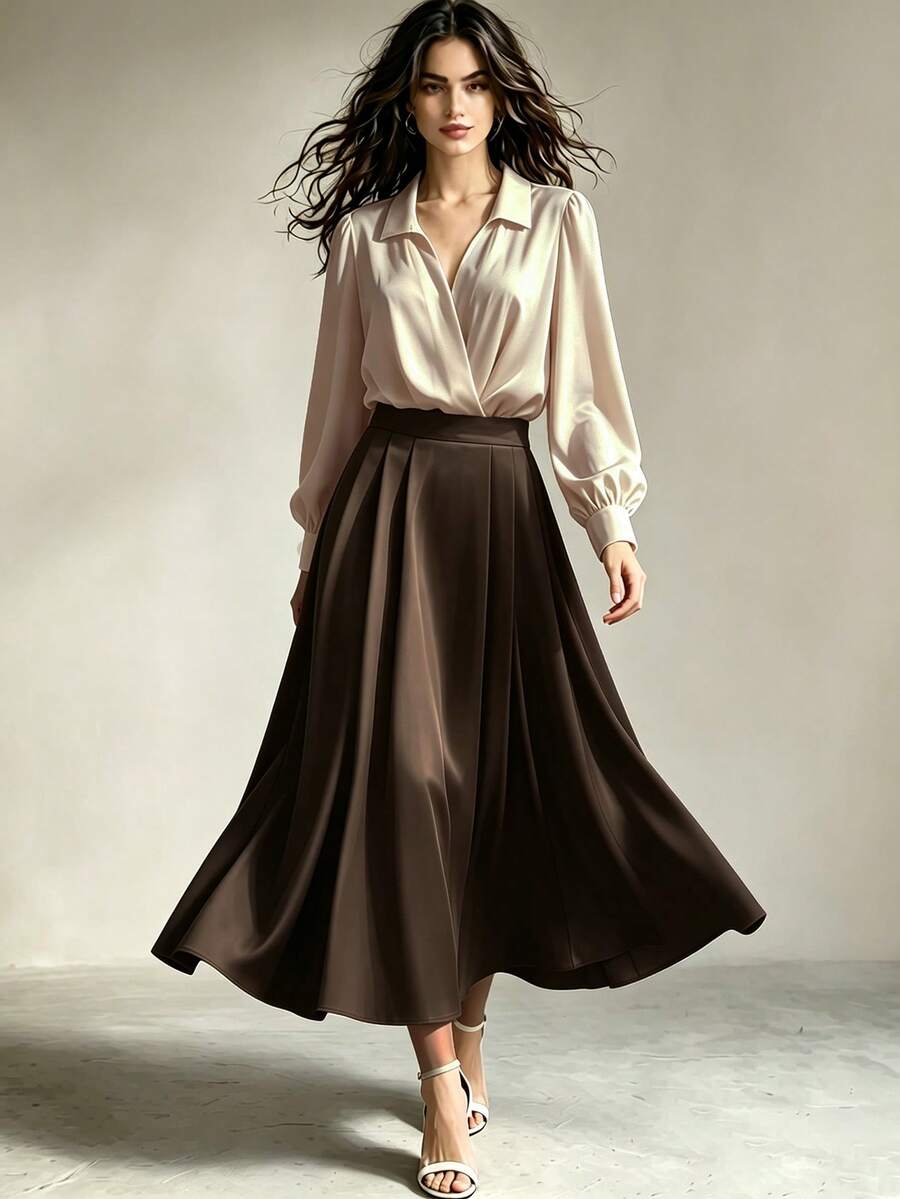 Franclia 2pcs Women's Elegant Shiny Fabric Top And Pleated Midi Skirt Set, Suitable For Layering Or Standalone Wear, Autumn/Winter - 彩色 - 查看 1