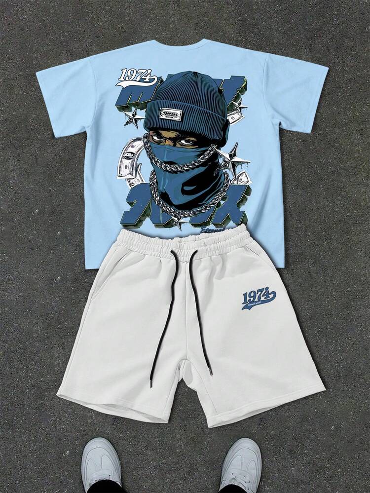 Manfinity EMRG Men's Cartoon Character Print Short Sleeve T-Shirt And Drawstring Waist Shorts Casual Set - Multicolor - View 1