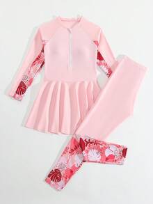 SHEIN Conjunto de traje de baño con estampado tropical y patchwork para niña preadolescente - Rosa Pálido - Ver 3