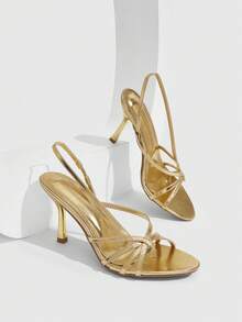 CUCCOO SZL Sandal Hak Tinggi dengan Tali Silang Emas Mengkilap di Bagian Belakang, Sepatu Stiletto Ujung Terbuka untuk Gaya Pesta Wanita - Emas - View 1