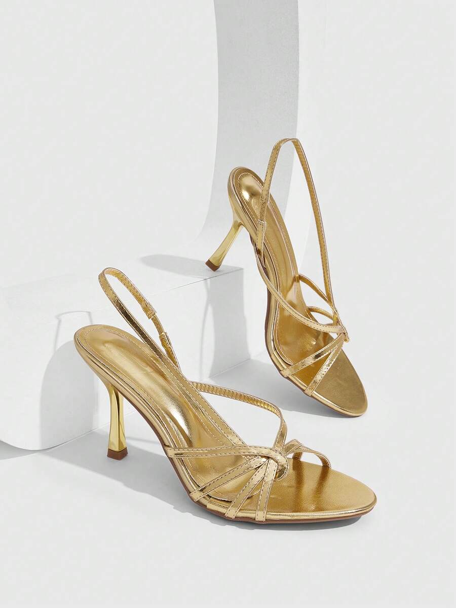CUCCOO SZL Sandal Hak Tinggi dengan Tali Silang Emas Mengkilap di Bagian Belakang, Sepatu Stiletto Ujung Terbuka untuk Gaya Pesta Wanita - Emas - View 1