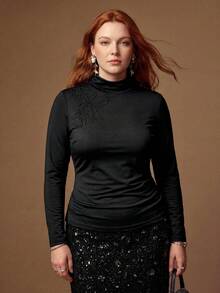 MOTF PREMIUM PLUS SIZE WOMEN'S ELASTIC KNIT HIGH NECK RHINESTONE T-SHIRT - Black - View 7