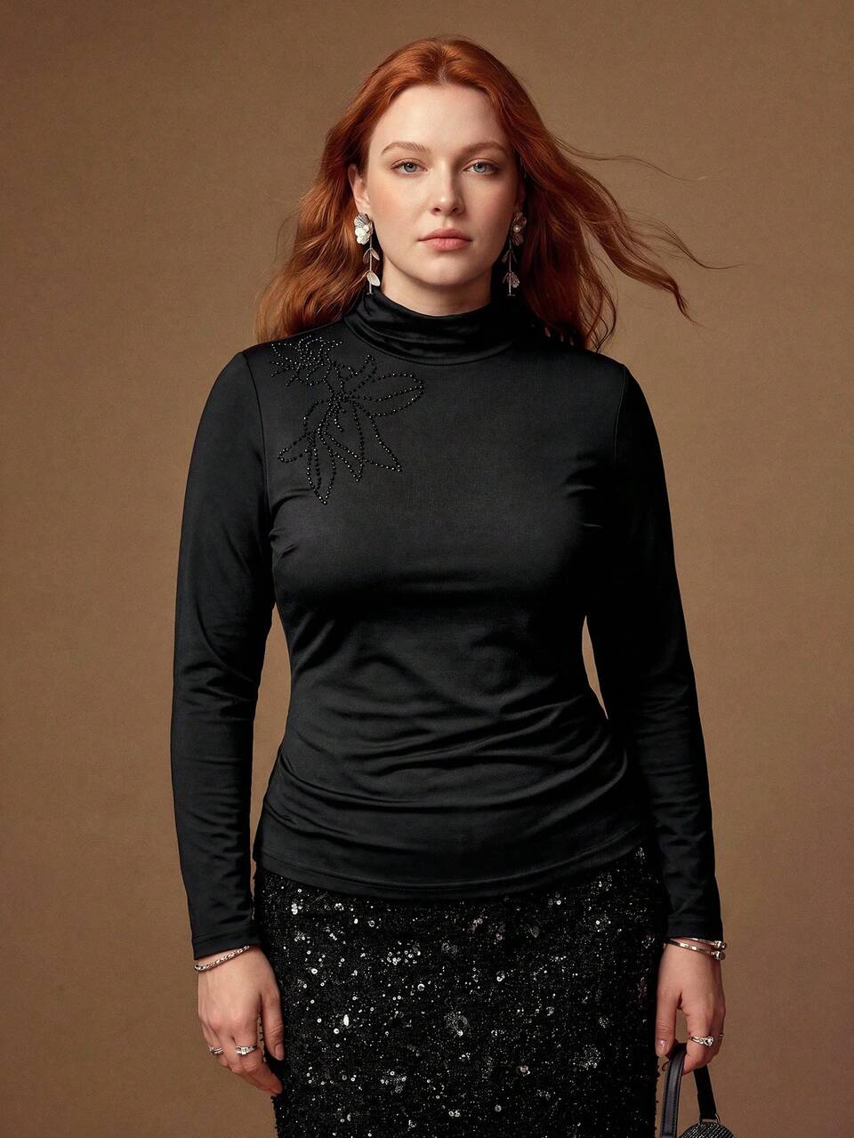 MOTF PLUS SIZE WOMEN'S ELASTIC KNIT HIGH NECK RHINESTONE T-SHIRT