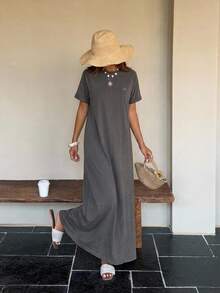 FRIFUL Women Brown Long Embroidered Pattern Dress, Summer Maxi Dress - Light Grey - View 5