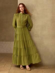 MOTF PREMIUM WOMEN'S LONG DRESS WITH RUFFLE HEM AND BUTTON HALF BUTTON - Green - View 6