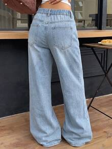 SHEIN Teen Girls Basic Blue Denim Loose Fit Long Pants Y2K Blue Jeans - Blue - View 3