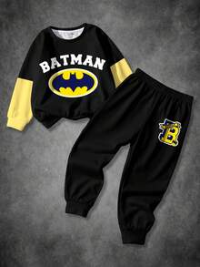 BATMAN X SHEIN Young Boy Colorblock Patchwork Letter Print Sweatshirt & Sweatpants Set - White - View 1