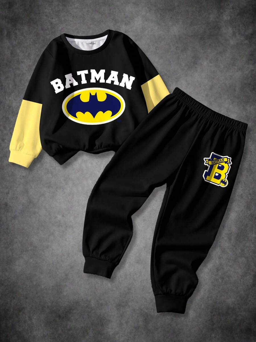 BATMAN X SHEIN Young Boy Colorblock Patchwork Letter Print Sweatshirt & Sweatpants Set - White - View 1