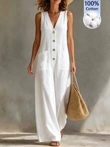 SHEIN Holidaya Jumpsuit Wanita Polos Leher V dengan Saku untuk Aktivitas Sehari-hari Kasual - Putih - View 3