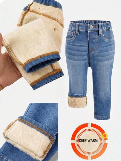 SHEIN Baby Girl Deep Blue Elastic Slim Fit Thermal Lined Denim Jeans