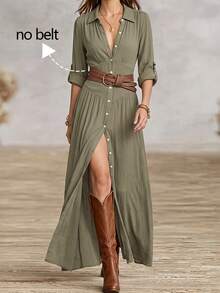 Hotletica Women's Collared Pleated Waist Single-Breasted Long Dress In Army Green - Army Green - View 5