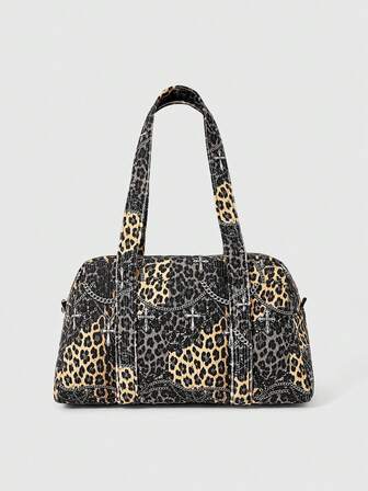 Grunge Punk Borsa a mano in velluto a coste con stampa leopardata stile Y2K Millennial, borsa Boston da pendolare retrò americana stile Spice Girl