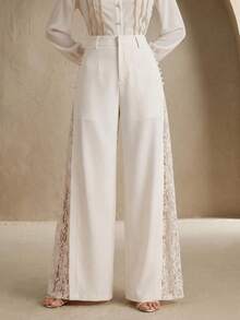 Anewsta Elegant White Wide-Leg Pants With Contrast Lace And Pleats, Suitable For Daily Wear Brunch Tea Party And Dates Autumn - Apricot - View 5