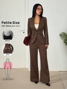 SHEIN PETITE 女款條紋單排扣長袖夾克與長褲休閒日常套裝 - 棕色 - 查看 12