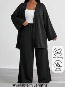 SHEIN PETITE CURVE 大尺碼女款兩件套，優雅休閒曲線長袖前綁帶上衣與高腰長褲，秋季時尚休閒居家服，黑色度假風 - 黑色 - 查看 1