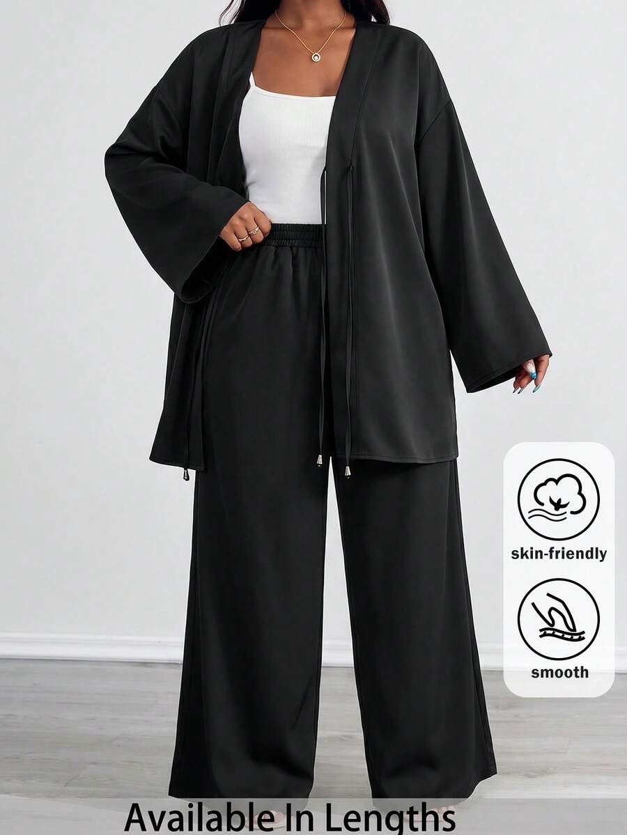 SHEIN PETITE CURVE 大尺碼女款兩件套,優雅休閒曲線長袖前綁帶上衣與高腰長褲,秋季時尚休閒居家服,黑色度假風 - 黑色 - 查看 1