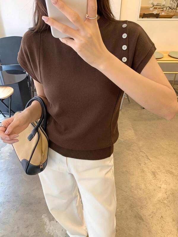 EMERY ROSE Women Plain Crew Neck Batwing Sleeve Button Casual Smart Casual Sweater,Knitted Sweater Teachers' Day Office Shades Of Brown Autumn