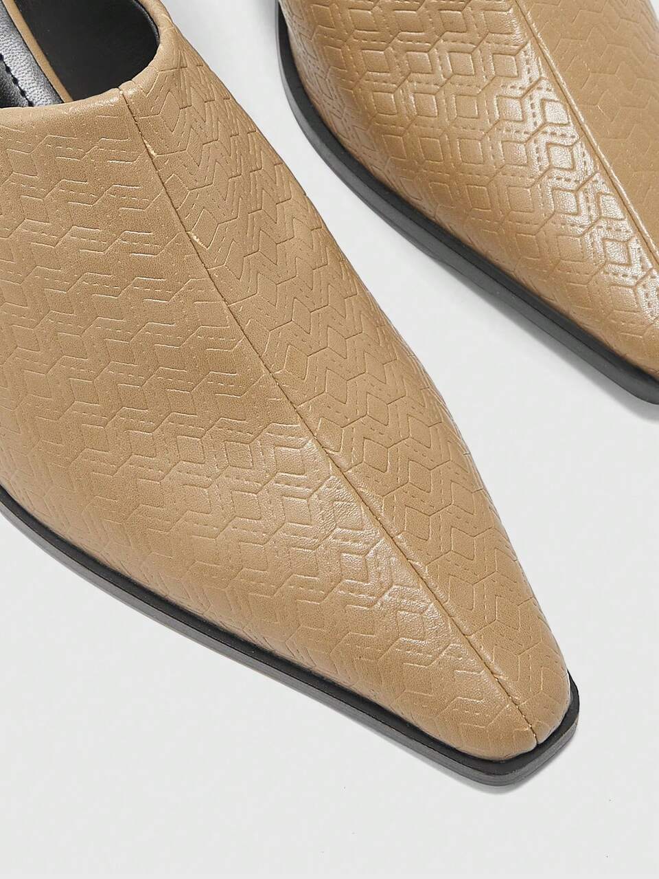 CUCCOO BIZCHIC Khaki Pointed Embossed Mullers, Retro Western Thick Heel Half-Drag Shoes