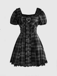 ROMWE Dark Gothic Black & Grey Plaid Bow Petal Sleeve Fitted A-Line Mini Dress - Multicolor - View 9