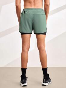 Driftmere 1pc Men's 2-In-1 Sports Shorts, Elastic Waist Casual Exercise Running Shorts With Lining, Spring/Summer - Army Green - View 2