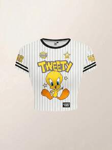LOONEY TUNES X SHEIN 女士修身条纹卡通图案撞色滚边短袖T恤 - 白色 - 查看 1