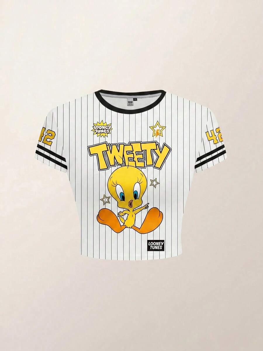 LOONEY TUNES X SHEIN 女士修身条纹卡通图案撞色滚边短袖T恤 - 白色 - 查看 1