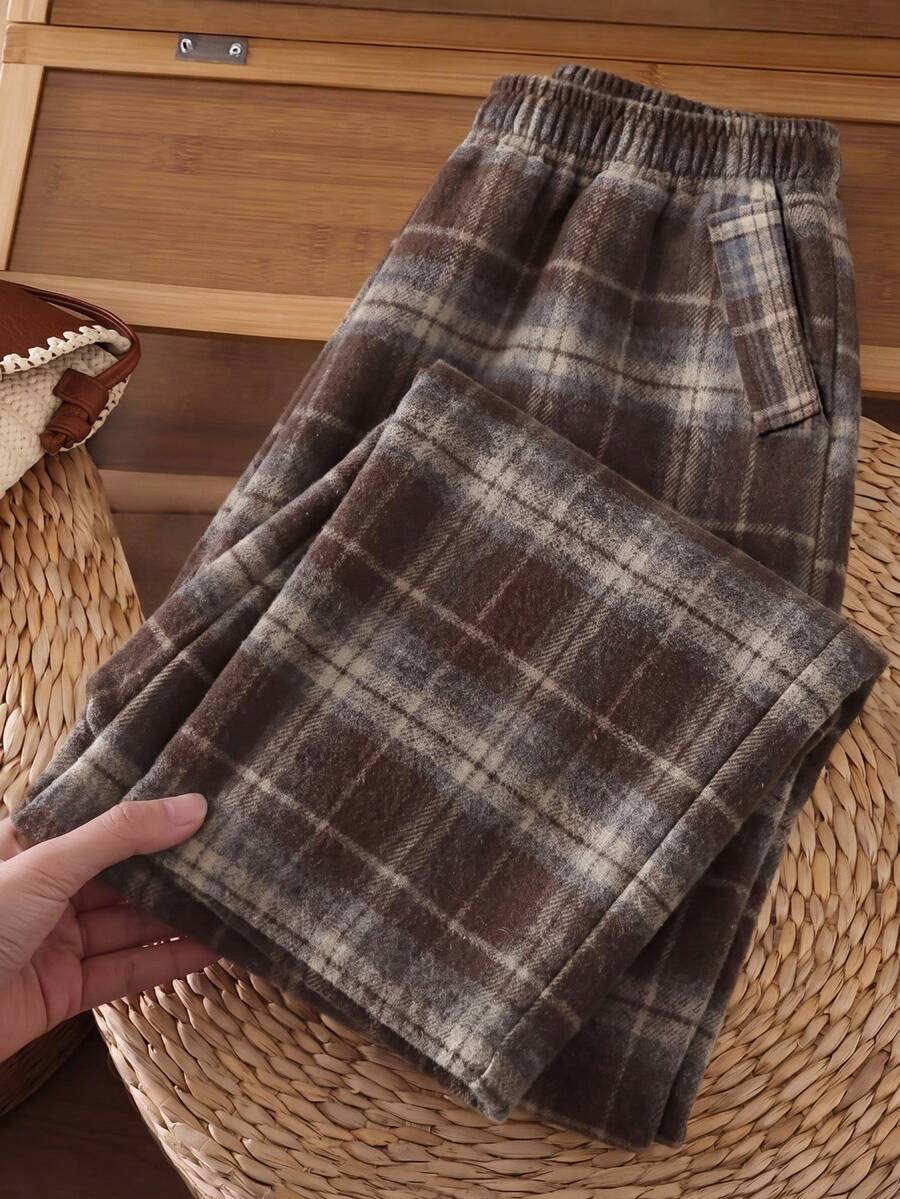 女款彈性腰格紋直筒休閒長褲 - 彩色 - 查看 1