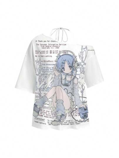 Camiseta de mujer estilo anime con chica linda, vintage, cruz Y2K milenario, asimétrica, sexy y cuello halter