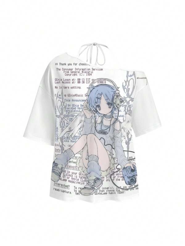 ROMWE Anime 動漫可愛女孩復古十字 Y2K 千禧風不對稱性感掛脖女款 T-shirt