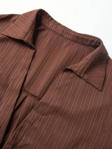 SHEIN LUNE CURVE Plus Size Women's Fashion Polo Collar Knotted Blouse, Autumn/Winter Fall - Brown - View 5