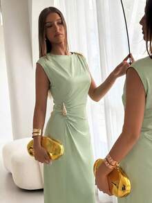 Aloruh Sage Green Satin Long Dress With Asymmetrical Shoulder Metal Decoration, Elegant Romantic Goddess Style Summer Outfits Beach Birthday Wedding Boho - Green - View 6
