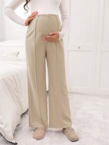 SHEIN Pantalones largos de maternidad de unicolor, casuales y versátiles para uso diario en otoño - Caqui - Ver 6