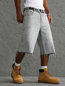 Manfinity EMRG Men's Casual Daily Denim Wide Leg Shorts With Pocket, Button And Letter Pattern - Light Grey - View 3